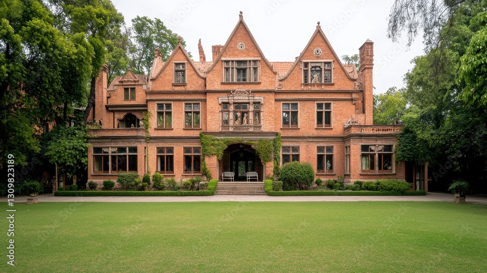 Elegant Victorian Mansion Surrounded by Lush Greenery in Daylight