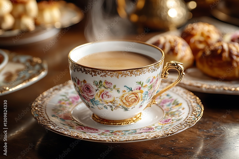 Fototapeta premium A cup of coffee is served on a decorative saucer, accompanied by a small plate of pastries
