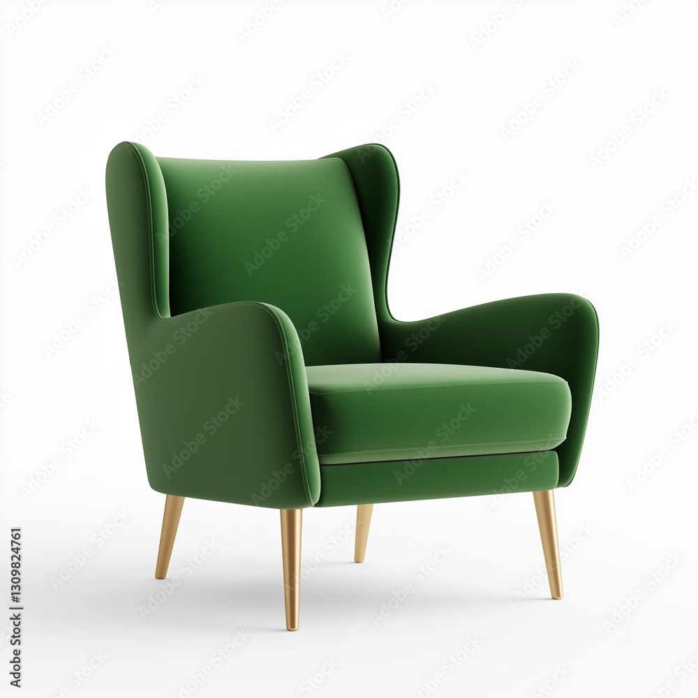 A statement armchair with a high backrest, upholstered in emerald green velvet with brass accents , isolated on a white background , High quality , No blur A statement armchair with a high backrest, upholstered in emerald green velvet with brass accents , isolated on a white background , High quality , No blur