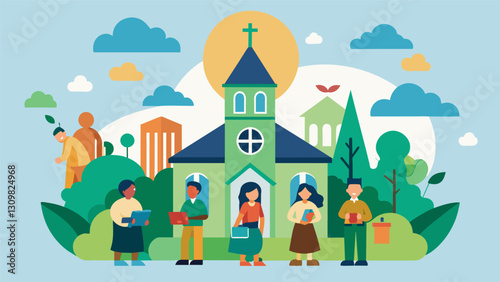The church partners with local environmental organizations to host educational events and advocacy campaigns.. Vector illustration