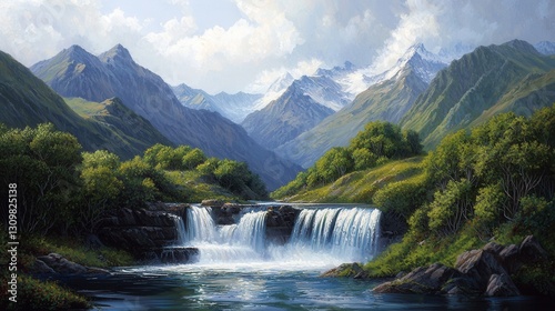 Serene Landscape with Waterfall and Majestic Mountains