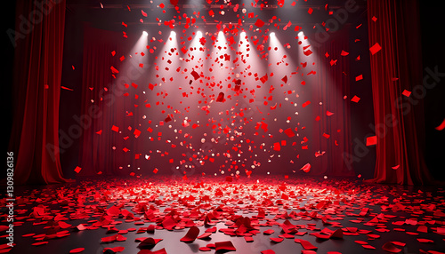 Fototapeta Naklejka Na Ścianę i Meble -  a festive stage in an empty venue, red rose petals falling on the floor in a theatre