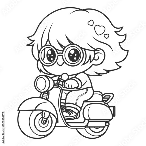 Little girl with glasses riding a scooter, for coloring
