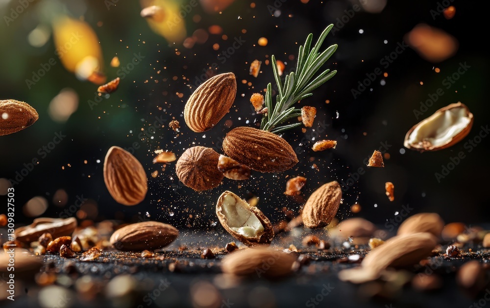 Floating spiced nuts with rosemary on a blurred autumn table background Floating spiced nuts with rosemary on a blurred autumn table background