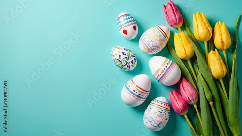 Vibrant Top-View Easter Arrangement: Colorful, Intricate White Eggs and Tulips on a Teal Backdrop for Marketing, Holiday Promotions & Greeting Cards photo