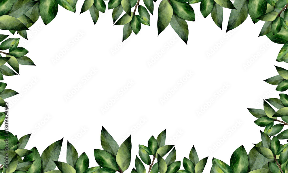 Naklejka premium Rectangular frame made of green watercolor tree leaves. Hand drawn, isolated on a white background. Template with space for text. For design, print, invitations