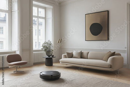 Effortless cleaning in a Stockholm apartment, as a robot vacuum moves across a sleek living room with a Lagom book.