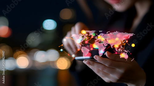 Businesswoman Managing Global Operations Using Smartphone at Night