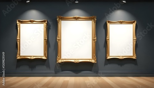 empty golden picture frames with blank canvas on black wall in art gallery exhibition 3d render illustration mock up template