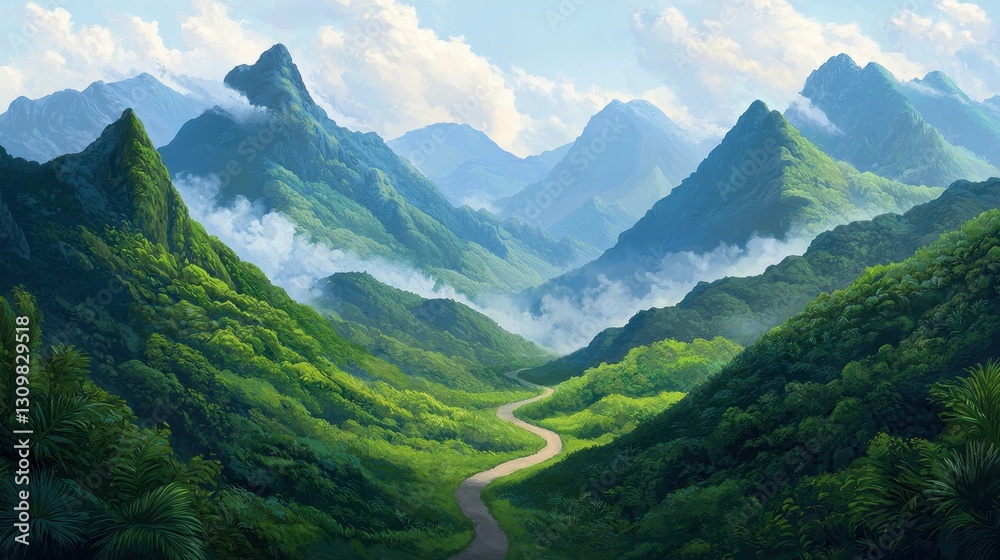 Naklejka premium Scenic Mountain Landscape with Lush Green Valleys and Clouds