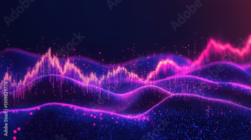 A vibrant digital representation of audio waves, showcasing colorful peaks and valleys against a dark backdrop.