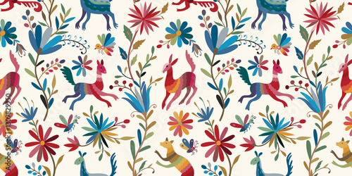 Mexican Otomi embroidery ornament. Colorful Mexican Traditional Textile Embroidery Style.