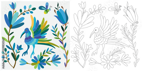 Coloring page, example for coloring, composition with flowers and animals in Mexican style