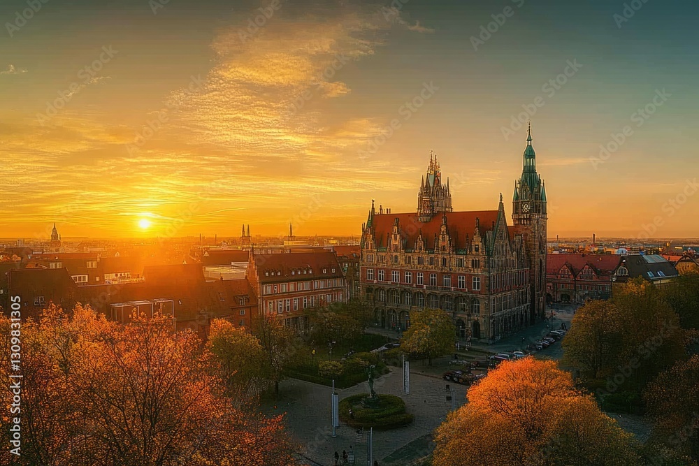 Fototapeta premium Sunset Over Hannover: City Hall and Skyline in Lower Saxony, Germany - A Panoramic Tourist Attraction