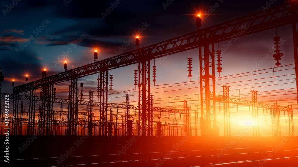 Obraz premium High-Voltage Transmission Lines at Sunset with a Dramatic Sky.