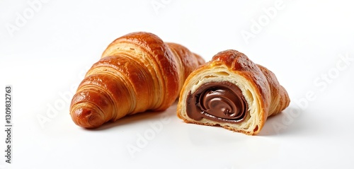 Two chocolate croissants on white background. One croissant cut, delicious chocolate filling inside. Fresh french pastry, sweet bakery product for breakfast. Crispy crust, tempting snack, single photo