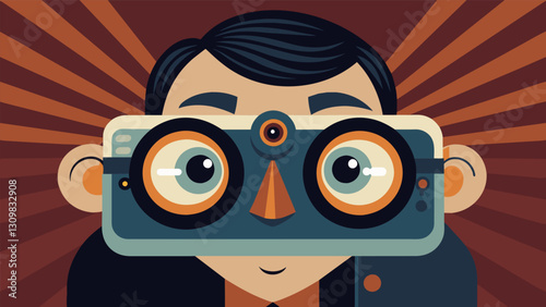 A mans eyes light up as he spots a vintage camera at an estate sale already imagining the photographs hell take with it.. Vector illustration