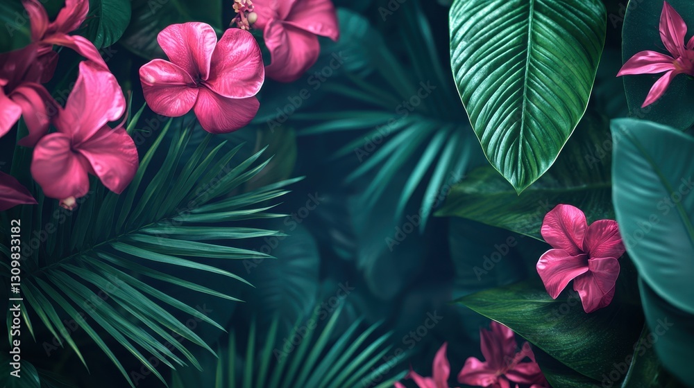 Fototapeta premium Lush Tropical Floral Background with Vibrant Pink Flowers and Green Leaves