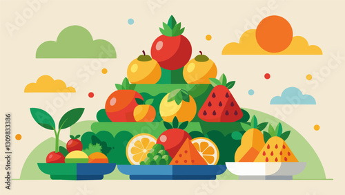 Mounds of colorful fruit and vegetables are available for the healthconscious adding a touch of balance to the many indulgent dishes on display.. Vector illustration