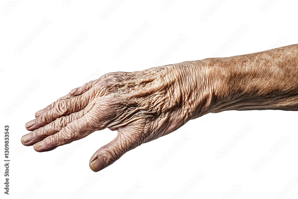 Fototapeta premium High-quality stock photograph, capturing an aged hand, solitary on a white backdrop, full body view, isolated, centered, showing every wrinkle and line of life lived