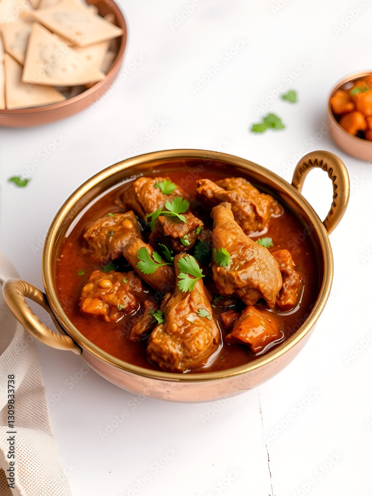 Indian style mutton curry in a copper brass bowl on white background Indian style mutton curry in a copper brass bowl on white background