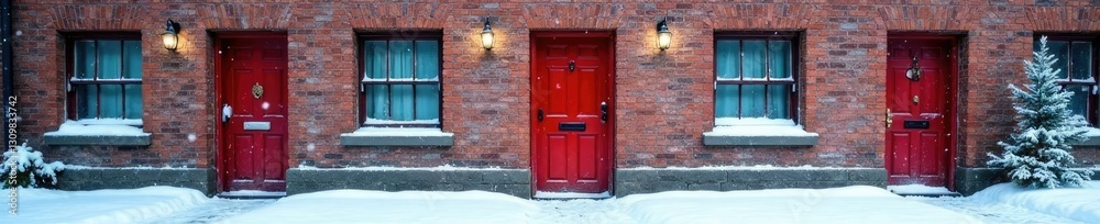 Snow-covered row of brick doors and windows with frosty details, icy, snowflakes Snow-covered row of brick doors and windows with frosty details, icy, snowflakes