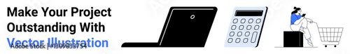Black laptop, numeric calculator, and person pushing a shopping cart wearing a mask. Ideal for e-commerce, online services, digital tools, accounting, finance, remote work flat landing page banner