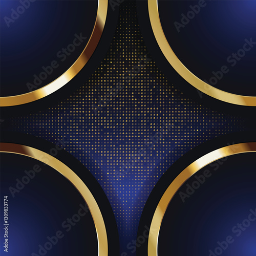 Gold arcs on dark blue, dotted background; design template