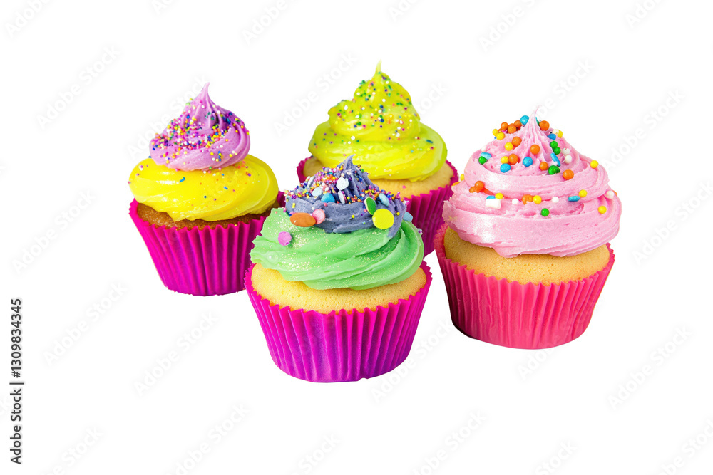 A selection of five cupcakes with a mix of neon-colored frostings, adorned with edible glitter and colorful sprinkles for a festive birthday theme. A selection of five cupcakes with a mix of neon-colored frostings, adorned with edible glitter and colorful sprinkles for a festive birthday theme.