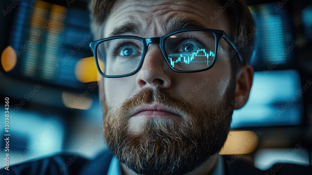 A focused man with glasses gazes intently, reflecting data analysis trends in his eyes, surrounded by digital screens in a trading environment.