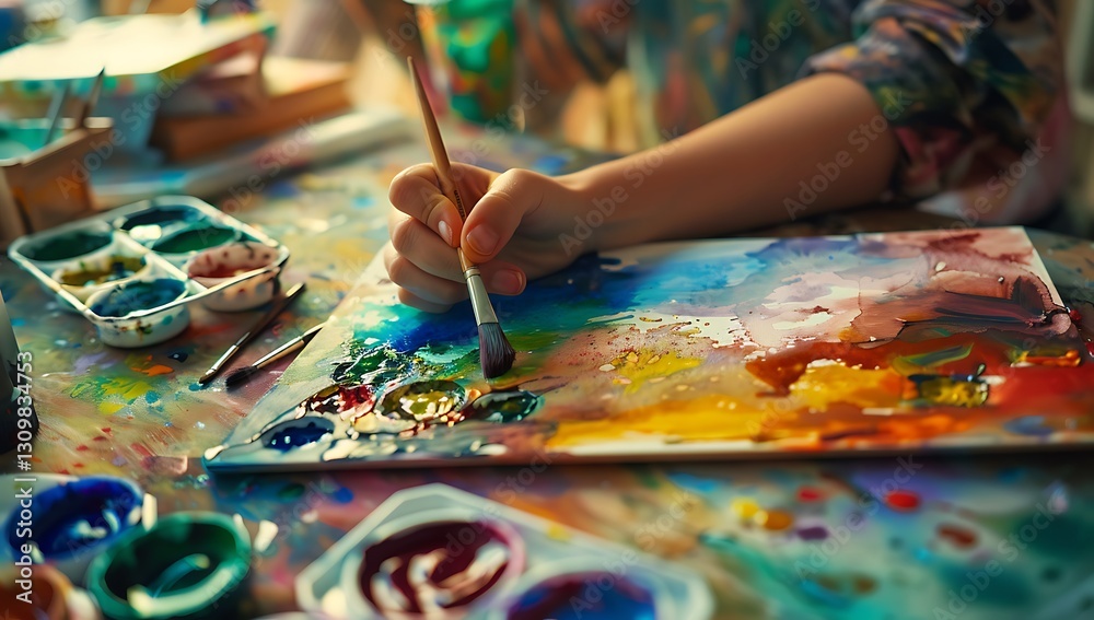 Close-up of hands painting with watercolor, surrounded by art supplies and paintbrushes on a table in a children's room Close-up of hands painting with watercolor, surrounded by art supplies and paintbrushes on a table in a children's room