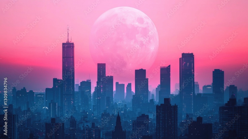 Fototapeta premium Stunning Cityscape at Dusk with Full Moon Over Urban Skyline