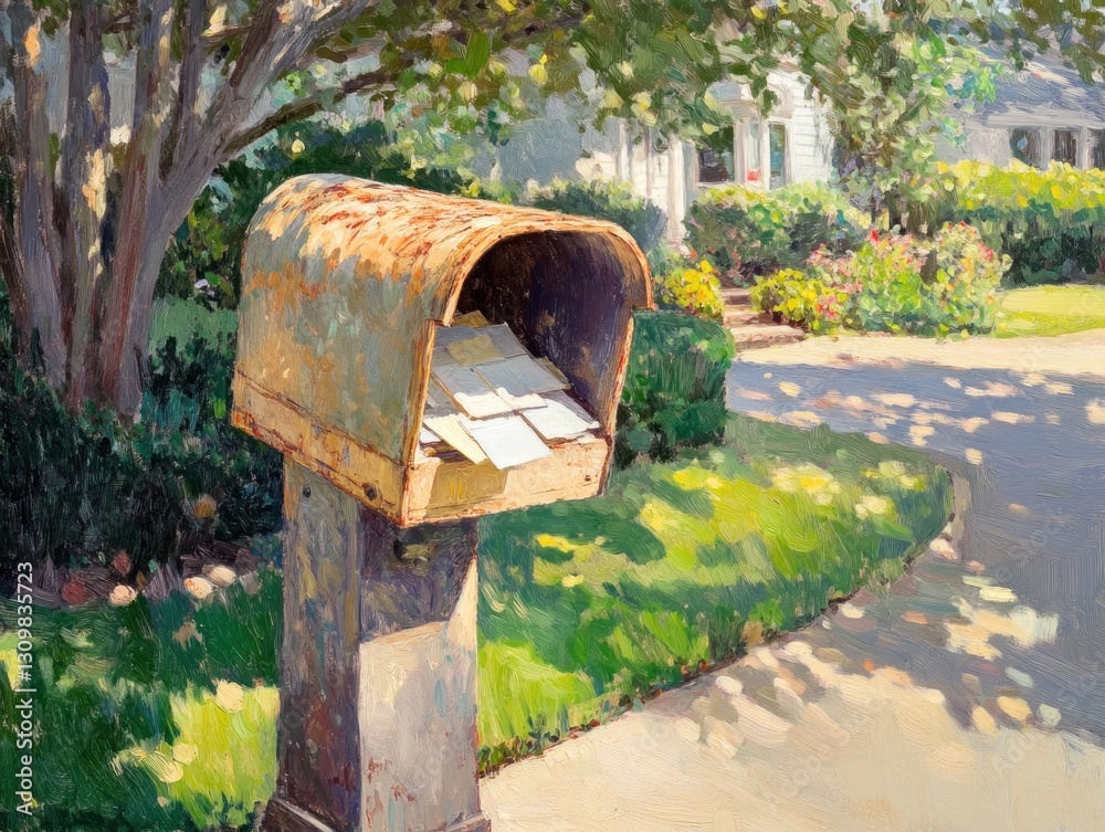 Rustic mailbox overflowing with mail, sunny neighborhood scene Rustic mailbox overflowing with mail, sunny neighborhood scene