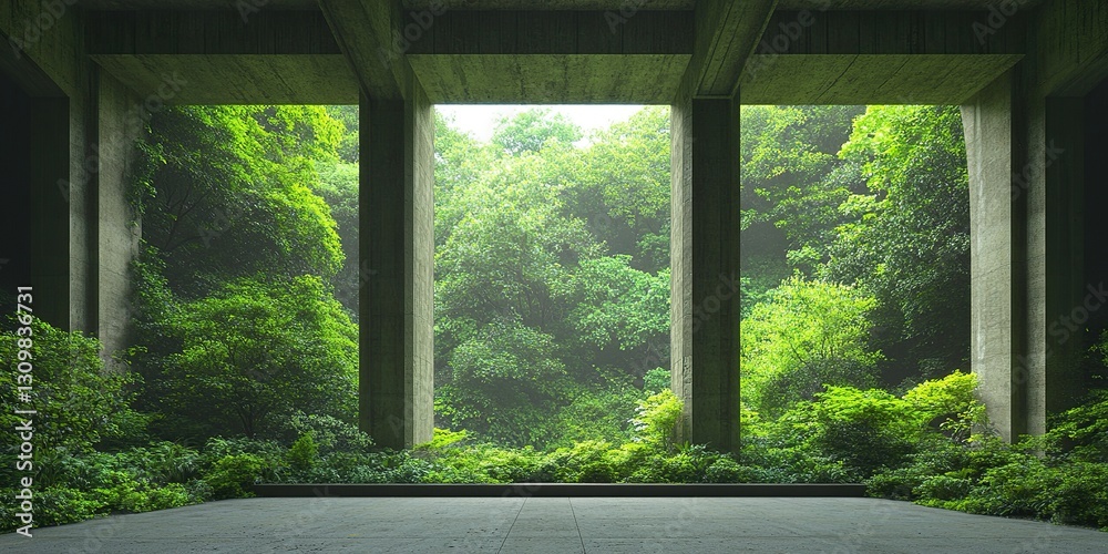 Concrete Frame and Lush Forest: A striking composition framed by concrete pillars and a forest of vibrant green foliage beyond. The open architecture creates a seamless blend of nature and design. Concrete Frame and Lush Forest: A striking composition framed by concrete pillars and a forest of vibrant green foliage beyond. The open architecture creates a seamless blend of nature and design.