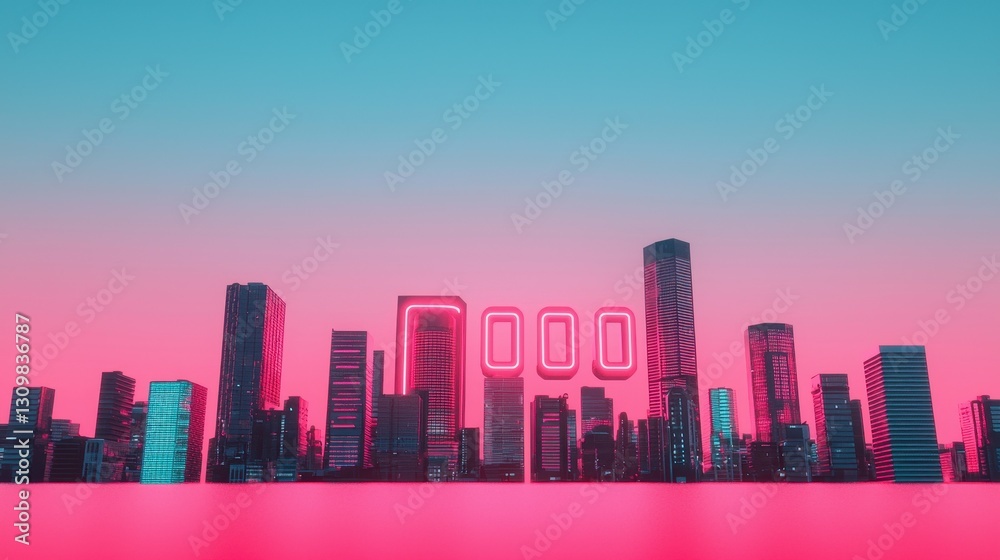 Obraz premium Futuristic city skyline with neon lights against colorful background