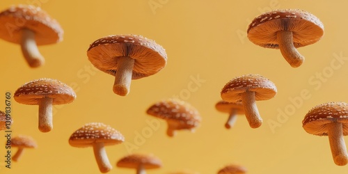 Floating velvet foot mushrooms with brown stems and caps on a soft orange background