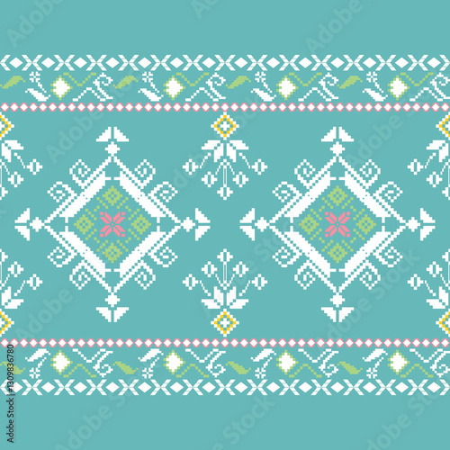 Traditional Ukrainian cross-stitch pattern. Pixelated floral pattern. White, pink, yellow on a blue-green background. Perfect for printing on fabric, seamless pattern, Christmas wallpaper, sweater.