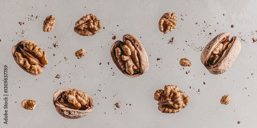 Obraz premium Floating walnuts with textured brown shells on a light gray background
