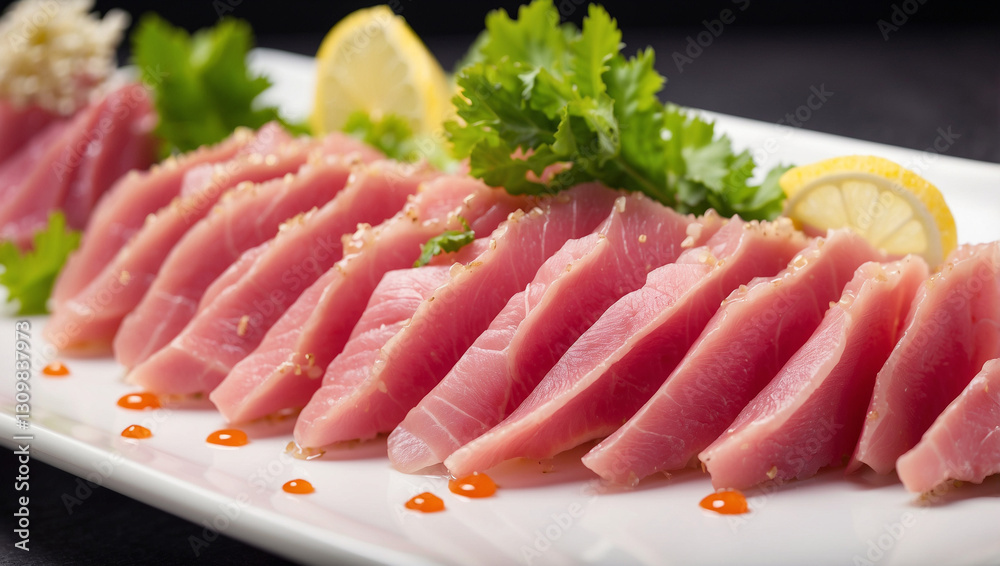 A Beautifully Arranged Plate of Delicious Tuna Sashimi, Ideal for Seafood Lovers A Beautifully Arranged Plate of Delicious Tuna Sashimi, Ideal for Seafood Lovers
