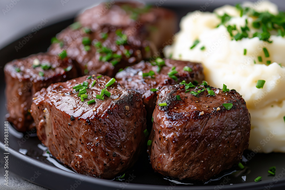 Savory grilled beef tenderloin served with creamy mashed potatoes garnished with fresh chives Savory grilled beef tenderloin served with creamy mashed potatoes garnished with fresh chives
