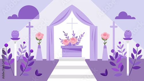 Lavender and roses adorned the altar adding a touch of romance to the couples anniversary renewal ceremony in the quaint chapel.. Vector illustration