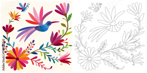 Folk Otomi style graphic, wallpaper. Ornate ethnic Mexican embroidery Otomi.