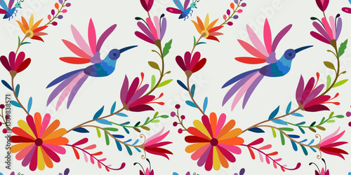 Seamless pattern with birds and flowers on white background. Ornate ethnic Mexican embroidery Otomi.