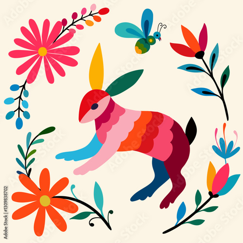 Colorful Mexican Traditional Textile Embroidery Style.