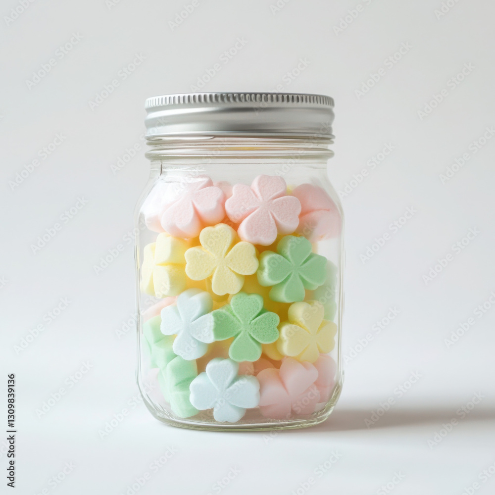 Clear jar filled with pastel-colored, flower-shaped candies against a white background, creating a cheerful and inviting atmosphere. Clear jar filled with pastel-colored, flower-shaped candies against a white background, creating a cheerful and inviting atmosphere.