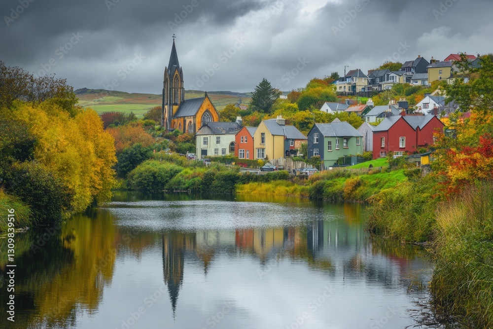 Charming Catholic Church Amidst Colorful Buildings in Donegal, Ireland's Autumn Landscape Charming Catholic Church Amidst Colorful Buildings in Donegal, Ireland's Autumn Landscape