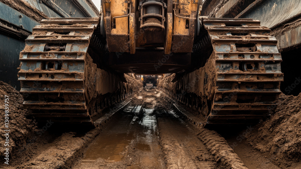 Fototapeta premium Heavy machinery is shown with its undercarriage visible while working on a muddy construction site. The scene features tracks in the mud and nearby equipment, illustrating the rugged environment