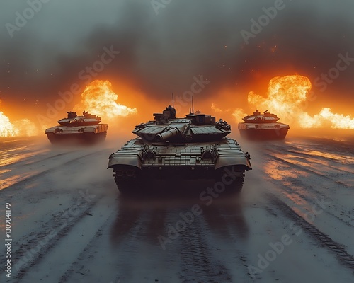Tanks advancing through fire and smoke