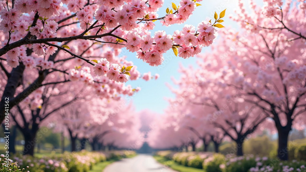 Stunning Stock Photo of a Blooming Cherry Blossom Garden in Spring, Ideal for Travel Brochures, Website Banners, and Seasonal Promotional Campaigns Stunning Stock Photo of a Blooming Cherry Blossom Garden in Spring, Ideal for Travel Brochures, Website Banners, and Seasonal Promotional Campaigns