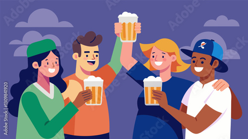 A group of friends sharing a celebratory toast as they watch their favorite team hit a walkoff home run in the bottom of the 9th inning.. Vector illustration